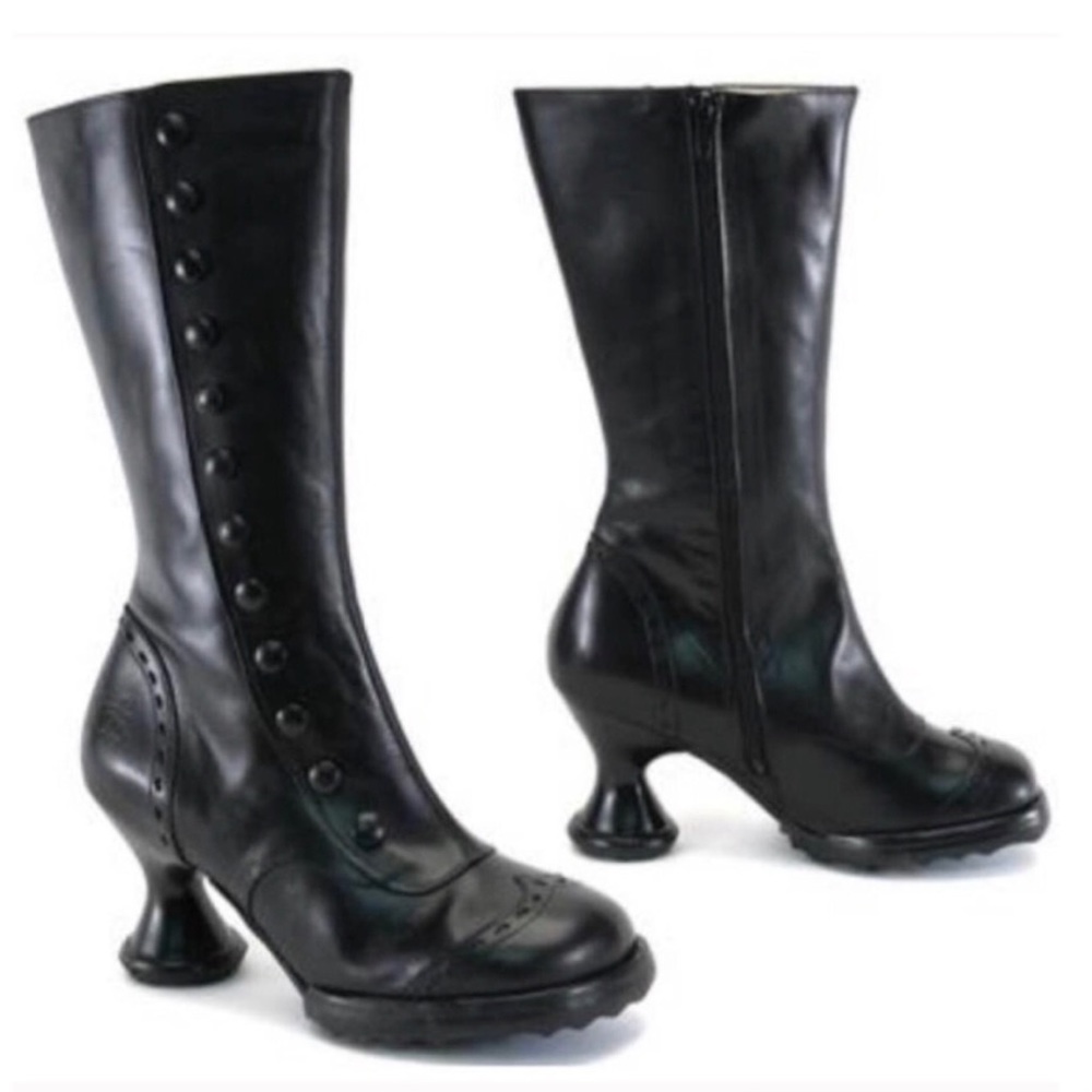 Women's Black Mid-Calf Button-Accent Heeled Boots - Picture 1 of 13